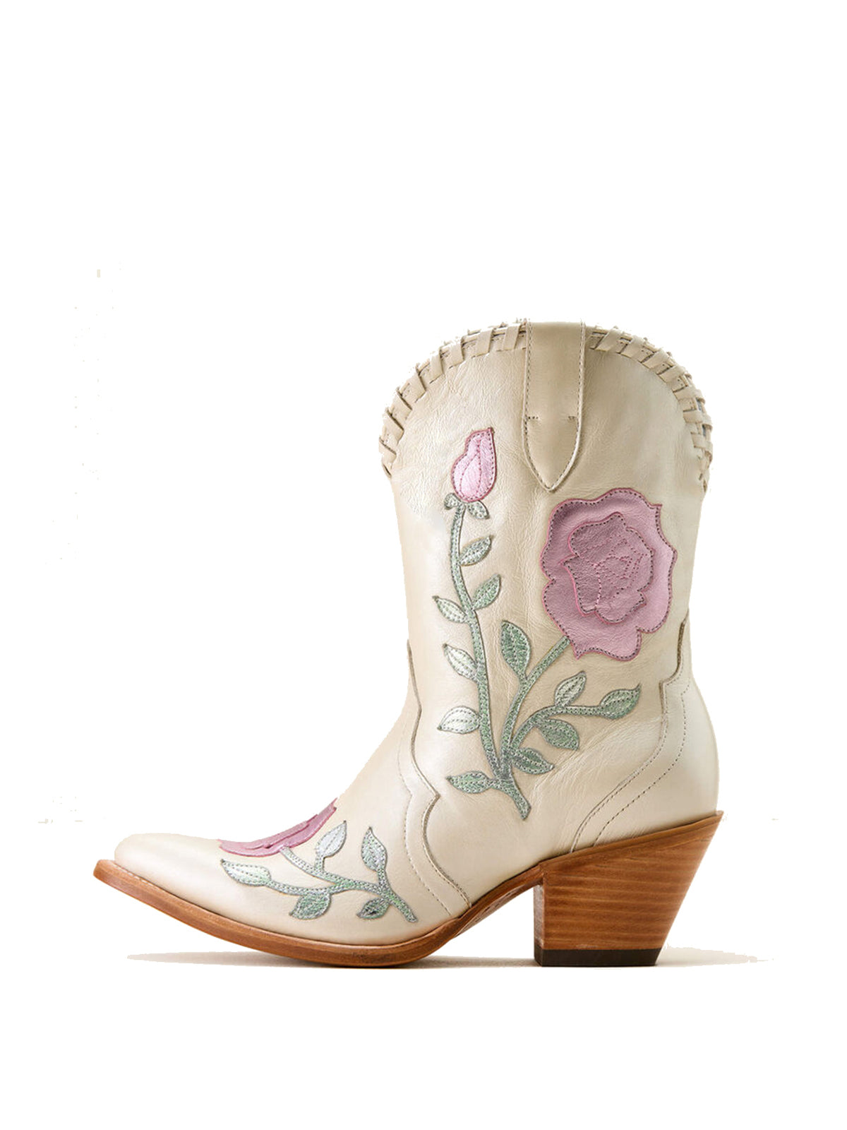 Ivory Almond-Toe Big Metallic Rose Applique Ankle Cowgirl Boots