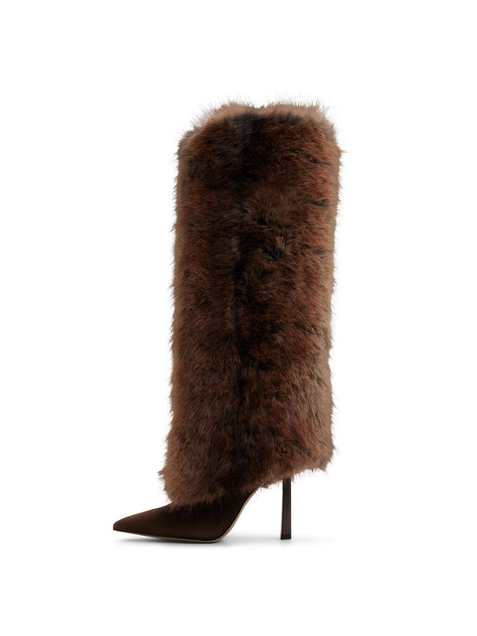 Dark Brown Faux Suede Pointed-Toe Full Plush Knee High Stiletto Boots