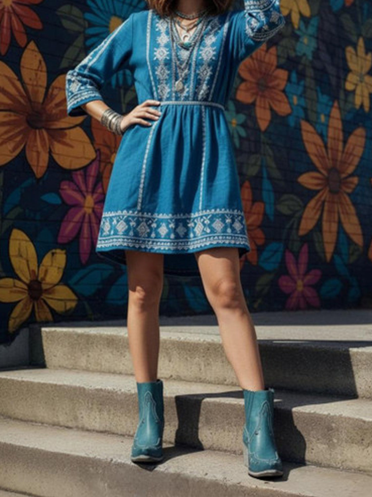 Blue Snip-Toe Metal Inlay Detail Ankle Cowgirl Boots