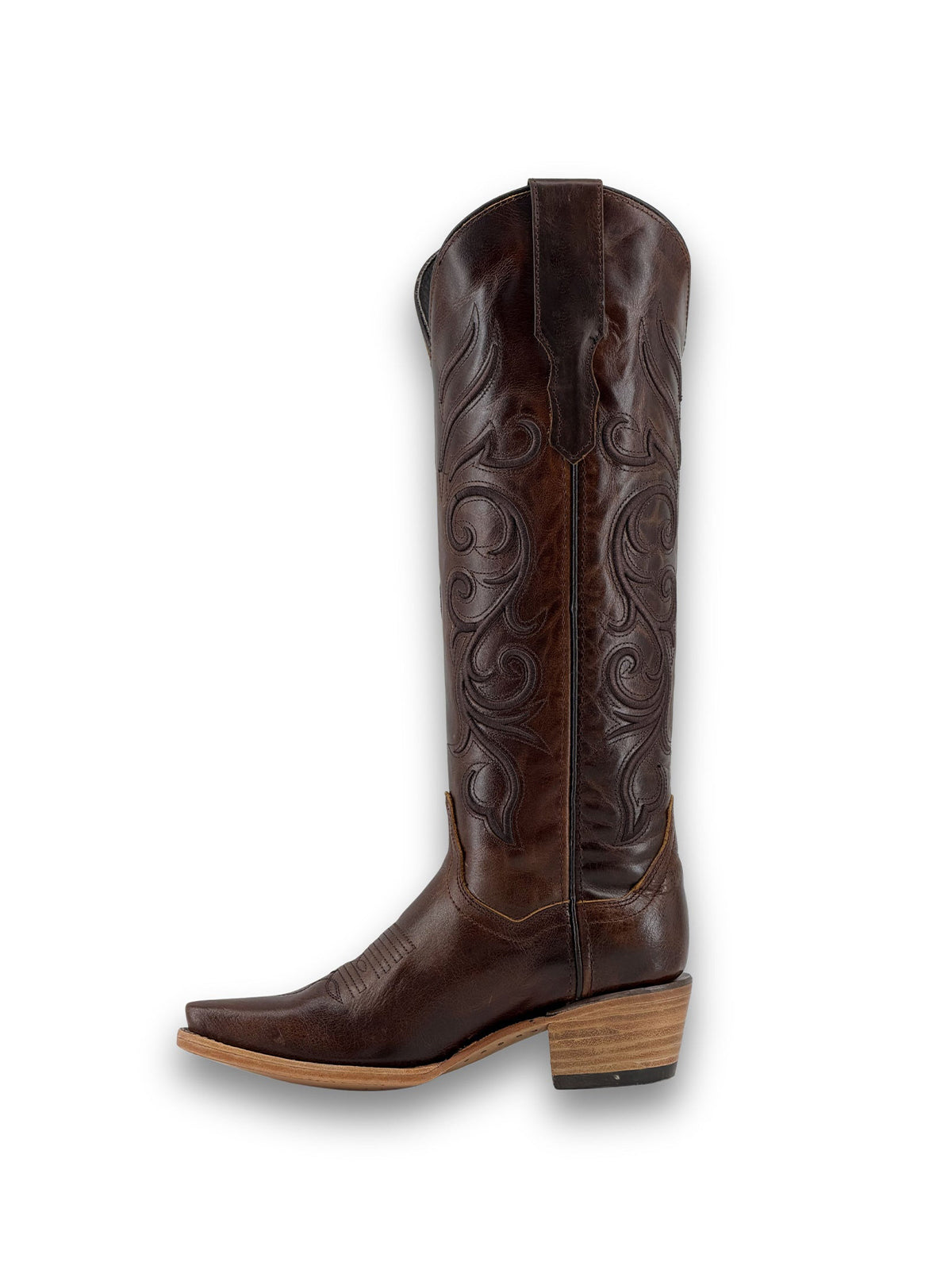 Distressed Coffee Snip-Toe Sleek Embroidery Wide Calf Knee High Cowgirl Boots