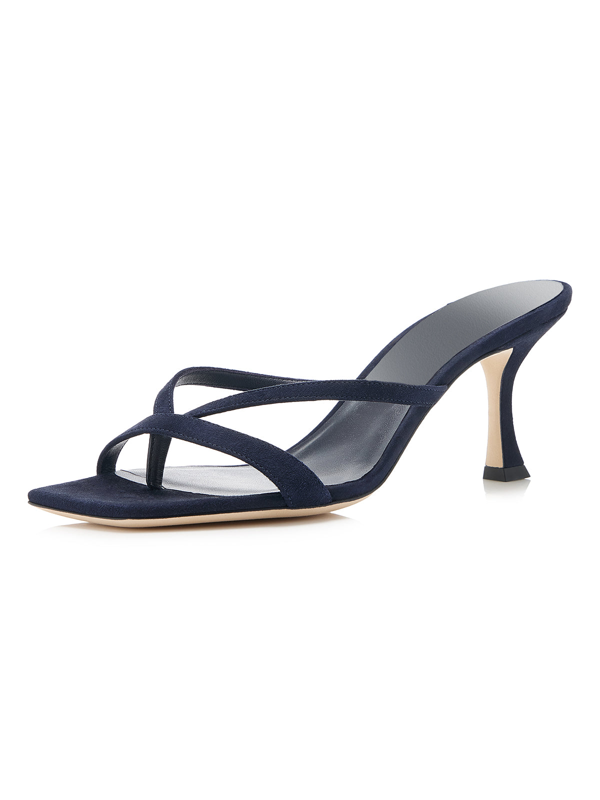 Navy Faux Suede Strappy Square-Toe Backless Slip-On Kitten Heels