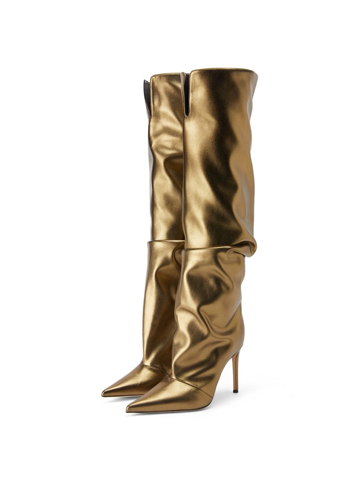 Metallic Bronze Pointed-Toe Sleek Wide Calf Knee High Stiletto Boots