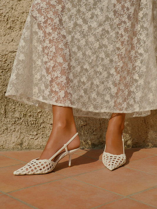 White Vegan Leather Woven Pointed-Toe Slingback Kitten Heels