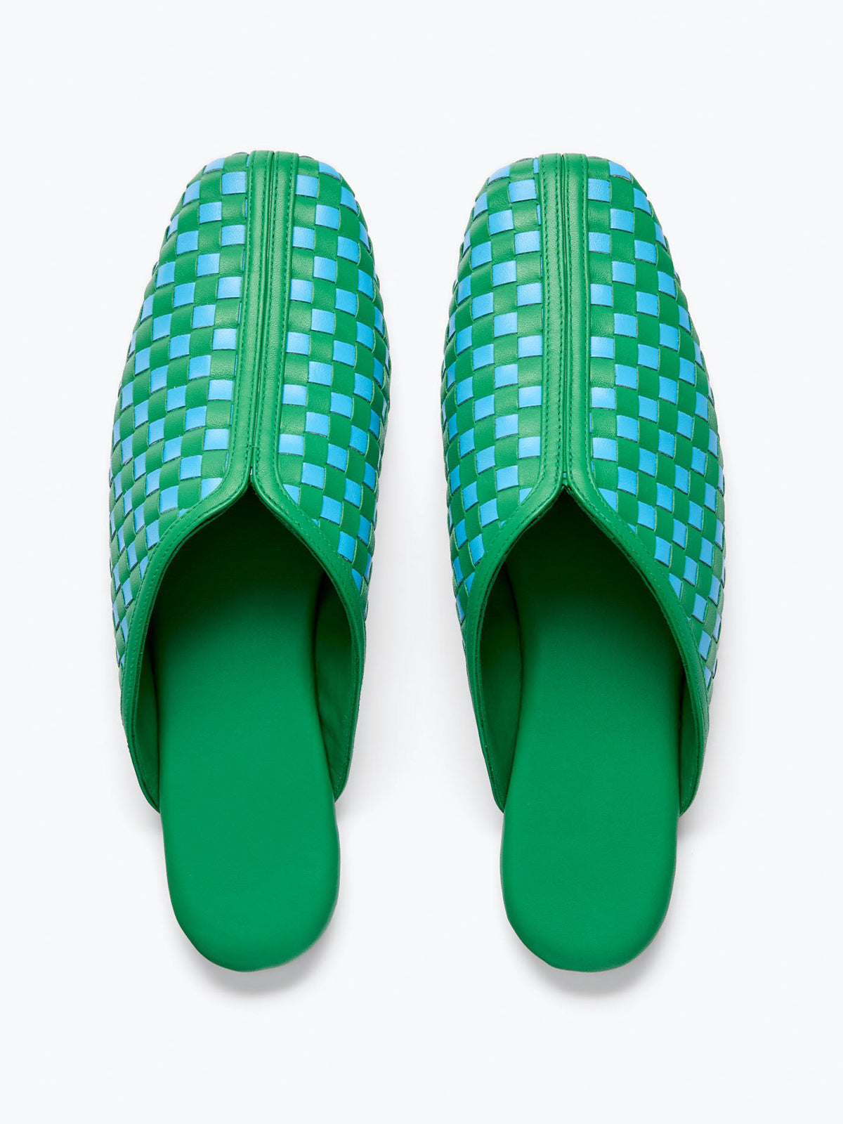Green And Blue Woven Vegan Leather Square-Toe Simple Backless Slide Flats