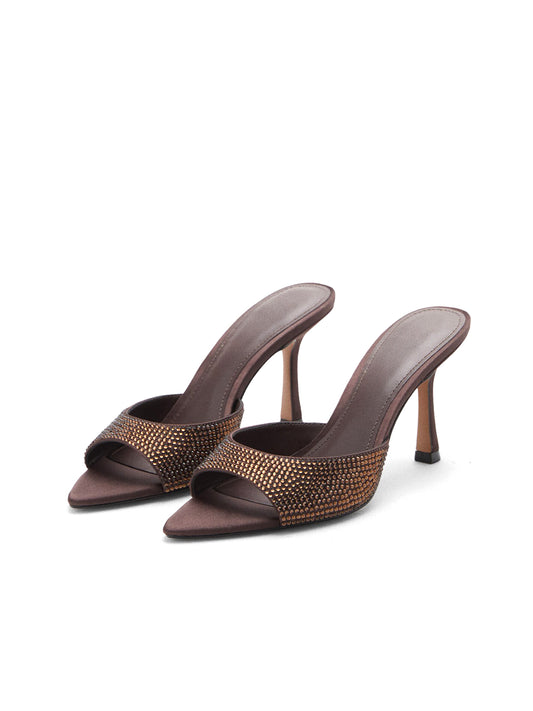 Chocolate Satin Pointed-Toe Simple Rhinestones High Heels Sandals