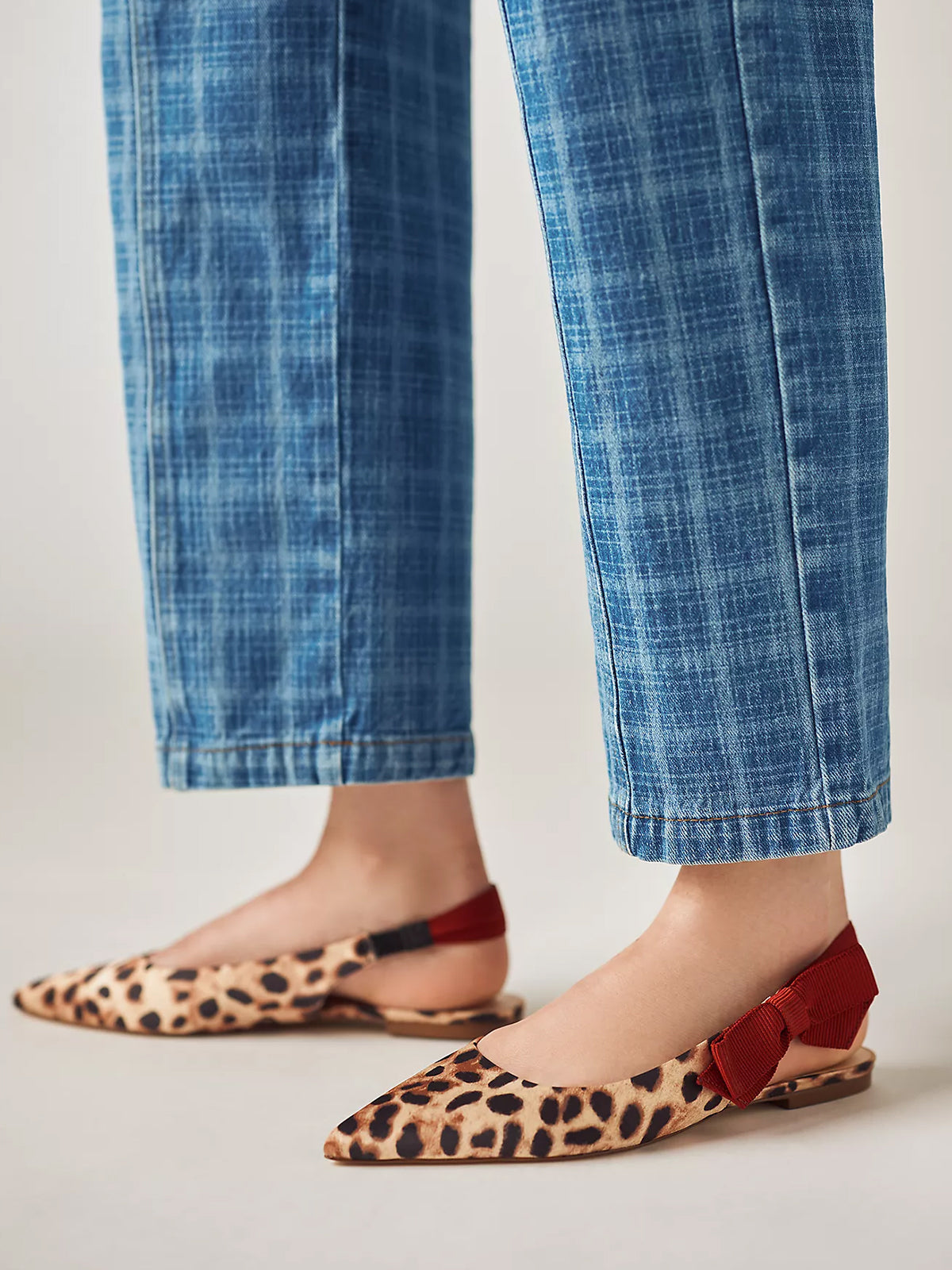 Leopard Satin Pointed-Toe Side-Bow Slingback Flats