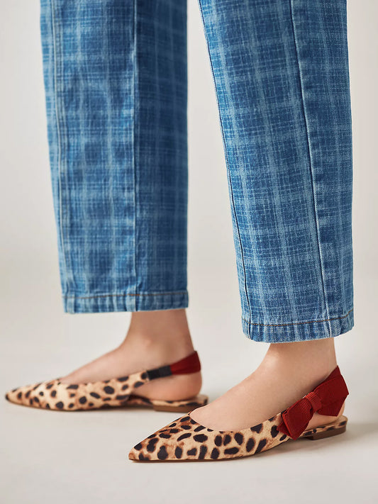 Leopard Satin Pointed-Toe Side-Bow Slingback Flats
