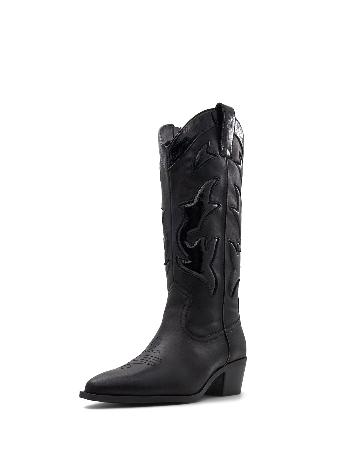 Black Pointed-Toe Padded Inlay Full-Zip Mid Calf Cowgirl Boots