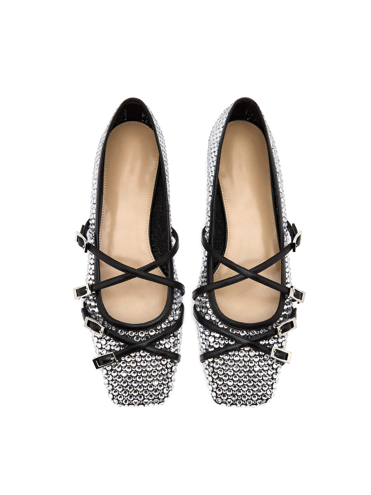 Black Rhinestone Mesh Square-Toe Strappy Ballet Flats