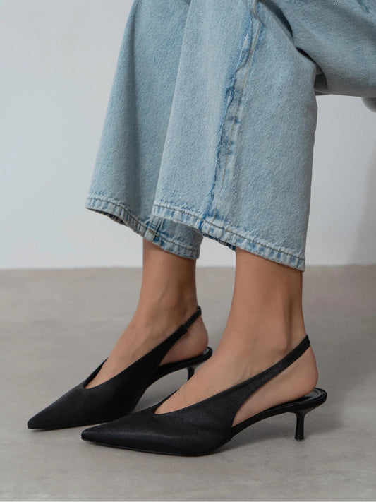 Black Satin Pointed-Toe Slingback With Buckle Kitten Heels