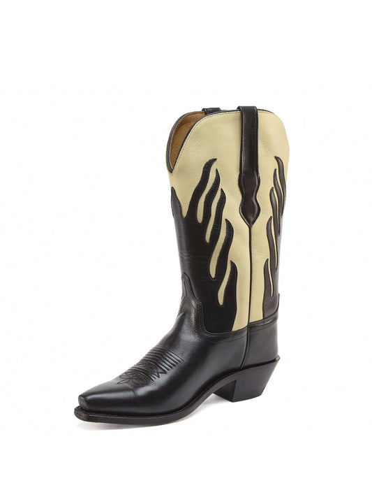Black And Beige Snip-Toe Flame Embroidery Mid Calf Cowgirl Boots