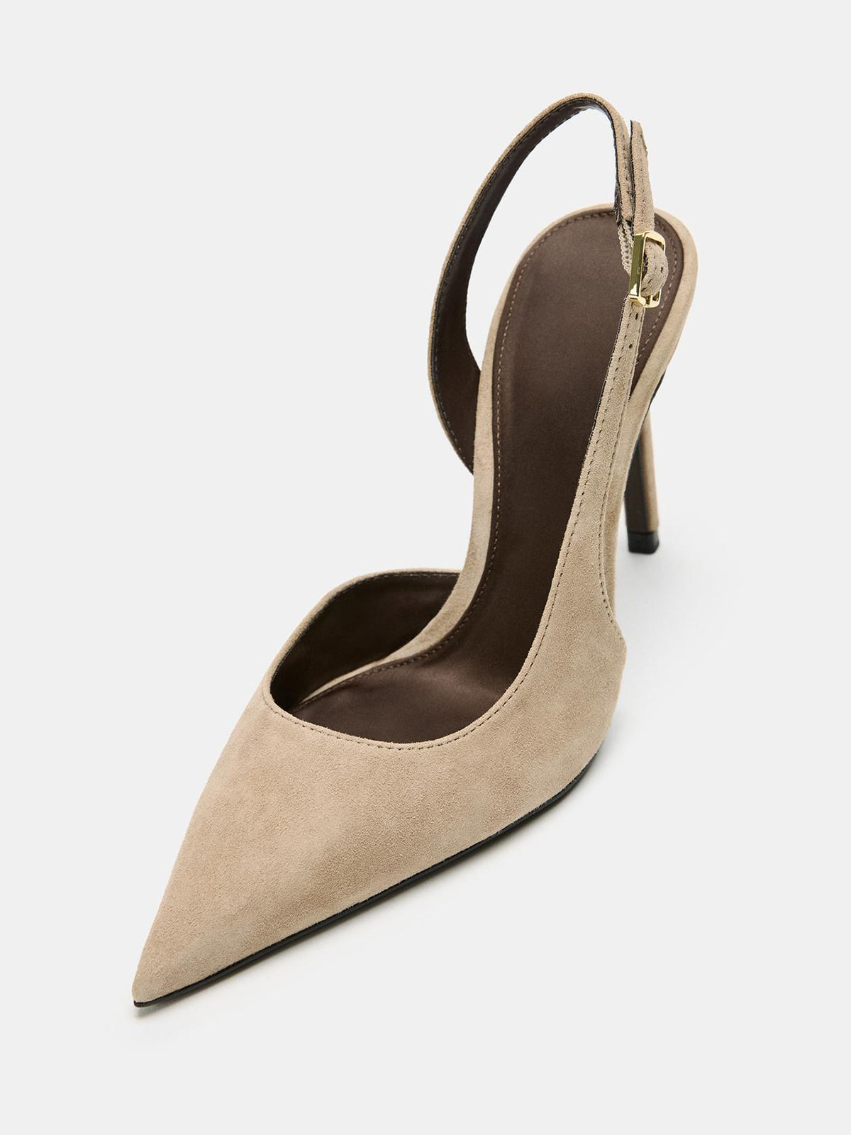 Beige Faux Suede Pointed-Toe Buckle Back Strap High Stiletto Heels