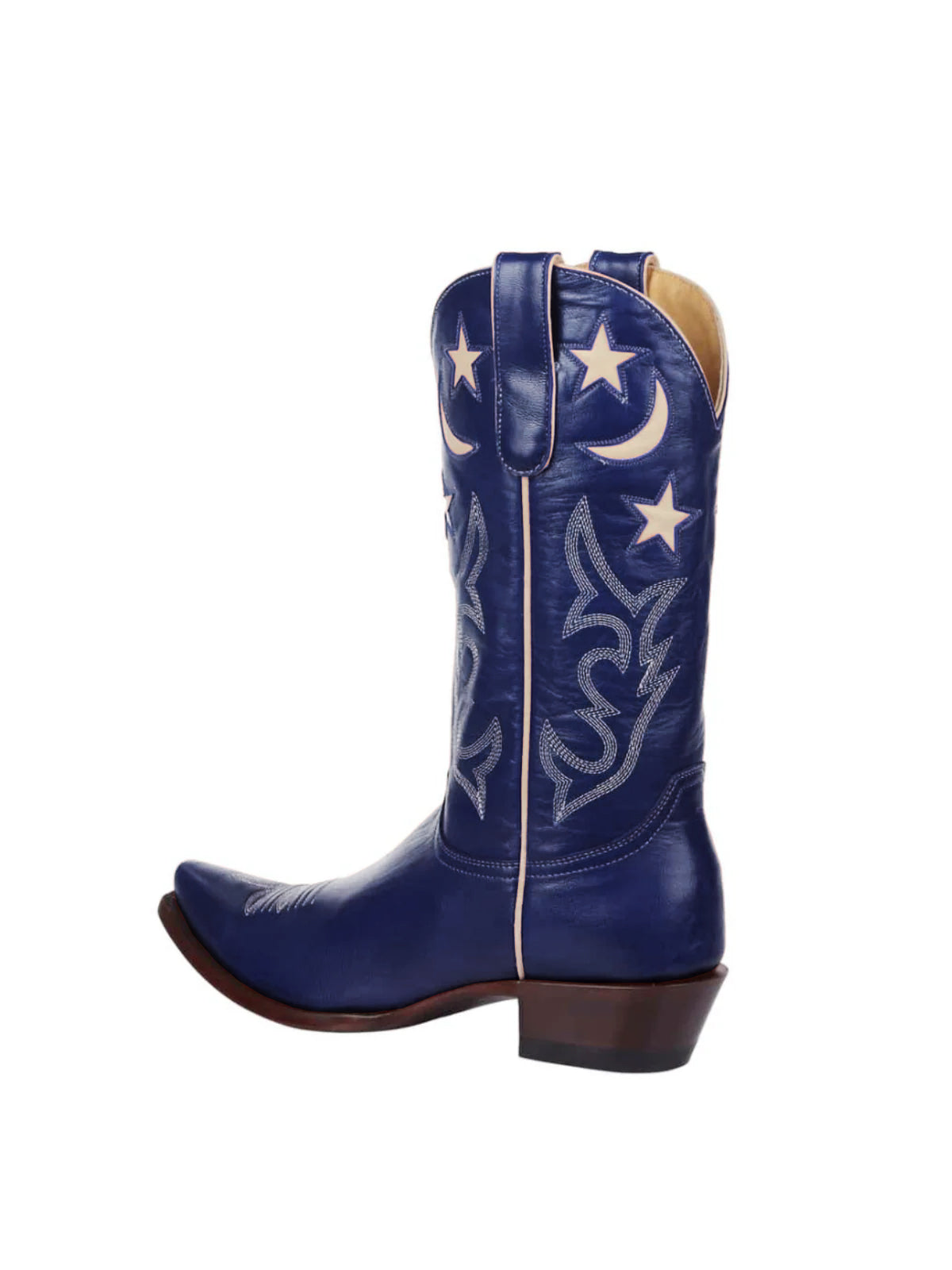 Blue Snip-Toe Moon And Star Inlay Embroidery Mid Calf Cowgirl Boots