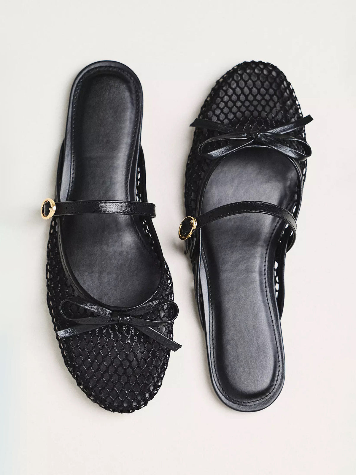 Black Mesh Round-Toe Front Bow Mary Jane Mules Flats