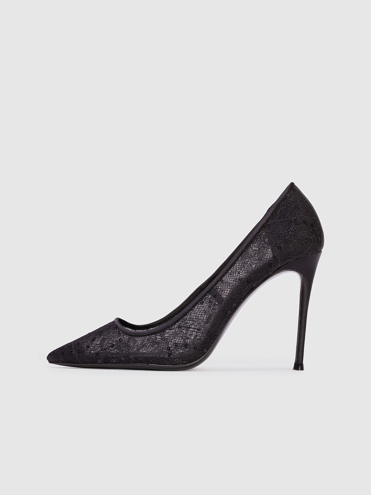 Black Lace Mesh Pointed-Toe Slip-On High Heels