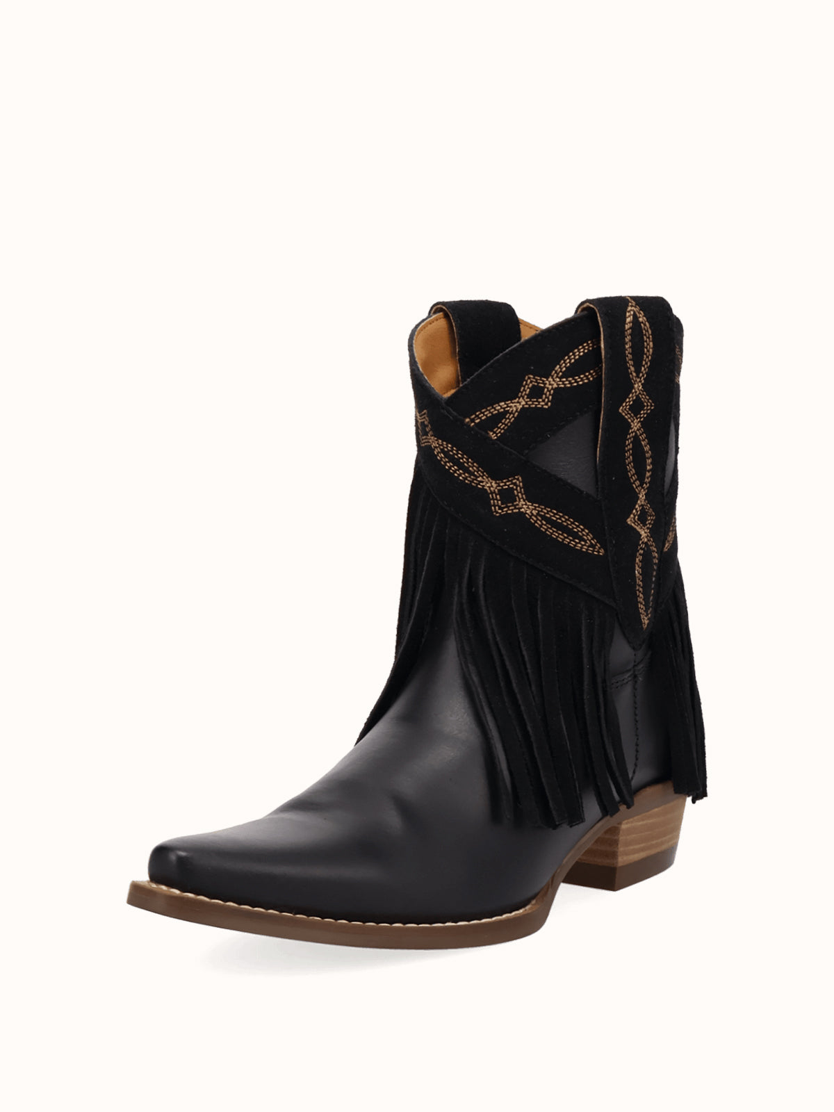 Black Snip-Toe Faux Suede Fringe Chic Ankle Cowgirl Boots