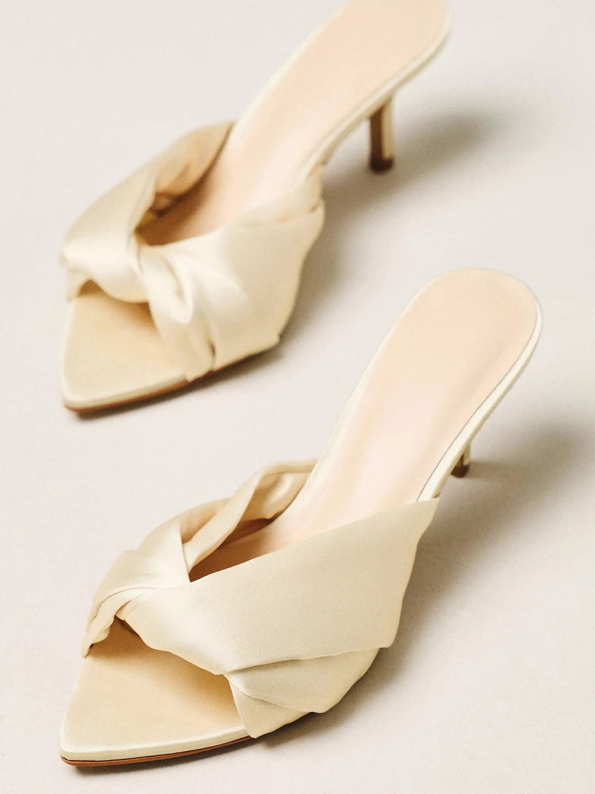 Satin Open Pointed-Toe Front Strap Backless Mules High Heels - Yellow
