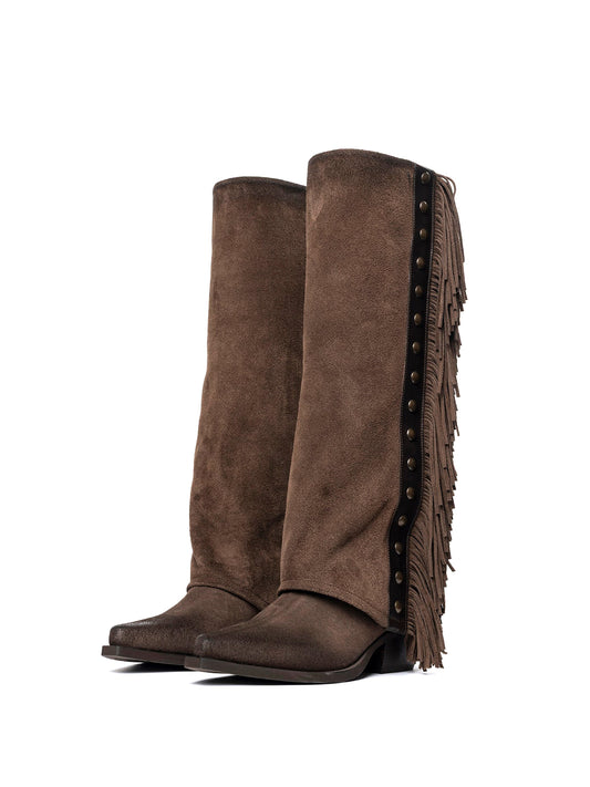 Tobacco Faux Suede Snip-Toe Side Studded Fringe Fold-Over Knee High Cowgirl Boots