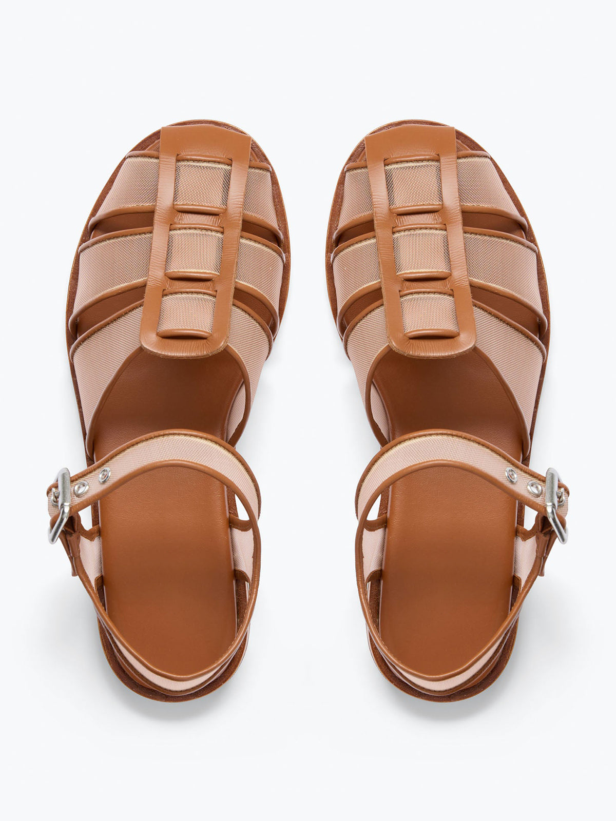 Brown Mesh Round-Toe Ankle Strap Fisherman Sandals Flats