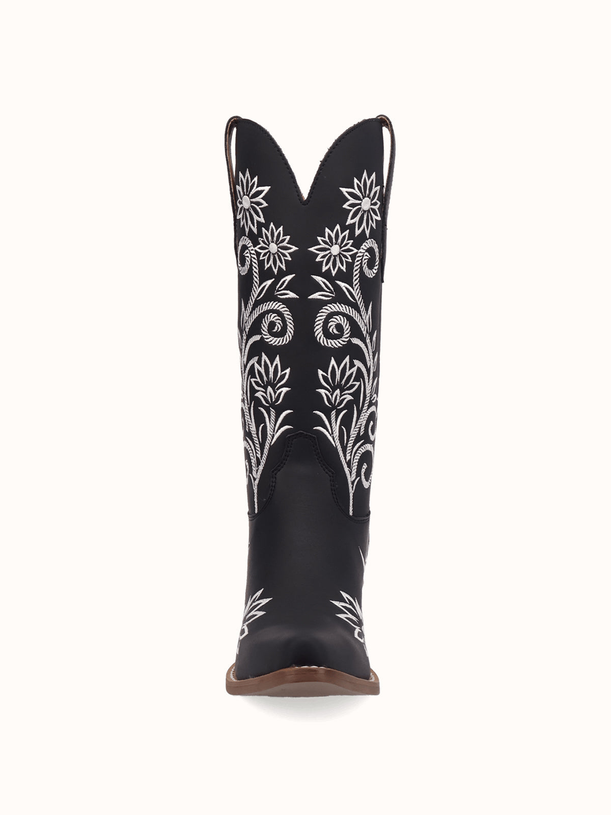 Black Snip-Toe White Flowers Embroidery Chic Mid Calf Cowgirl Boots