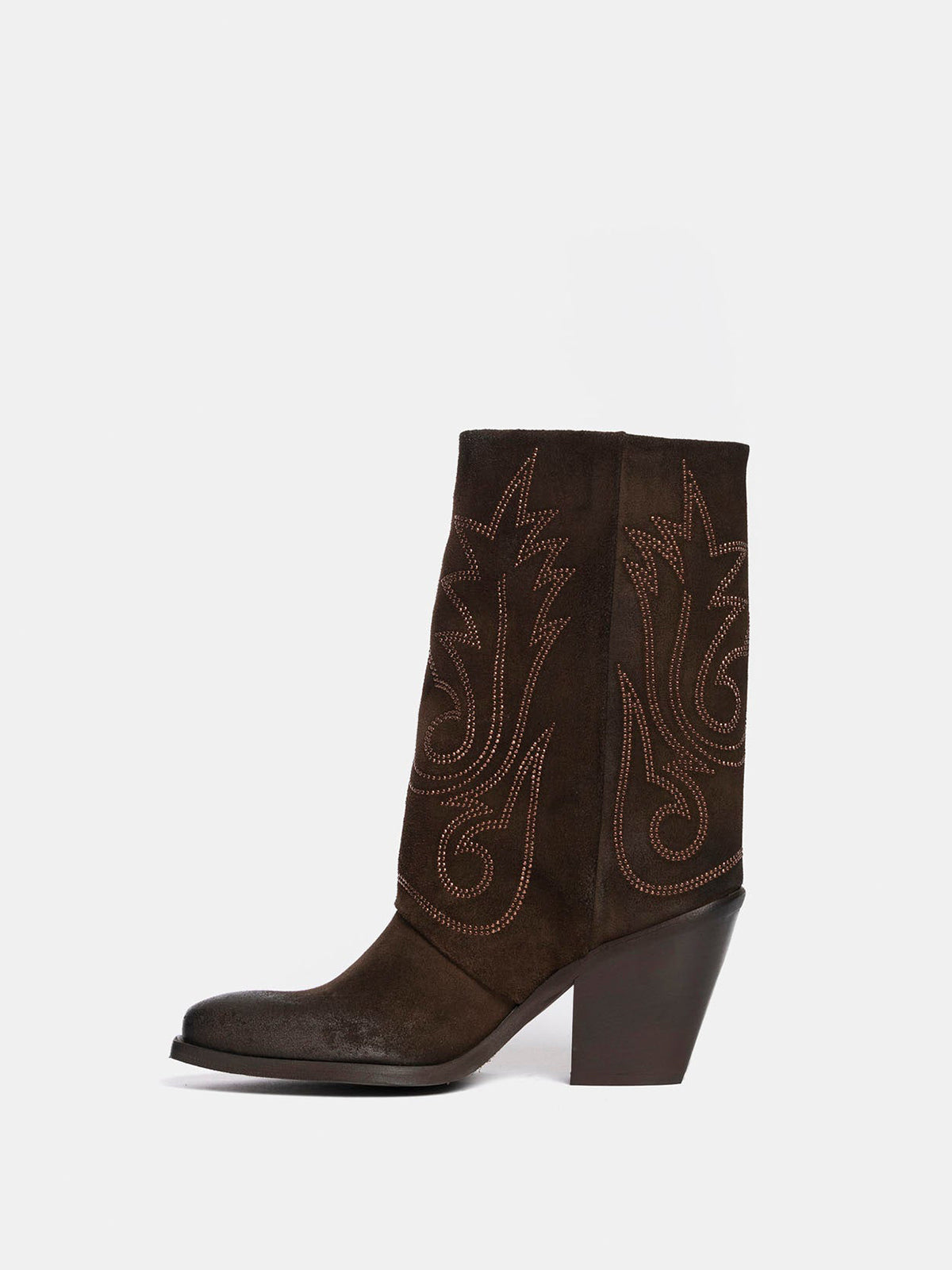 Coffee Snip-Toe Faux Suede Embroidery Mid Calf Cowgirl Boots