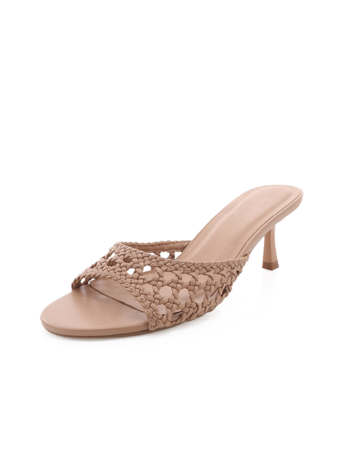 Peanut Vegan Leather Woven Open Round-Toe Slip-On Kitten Heels