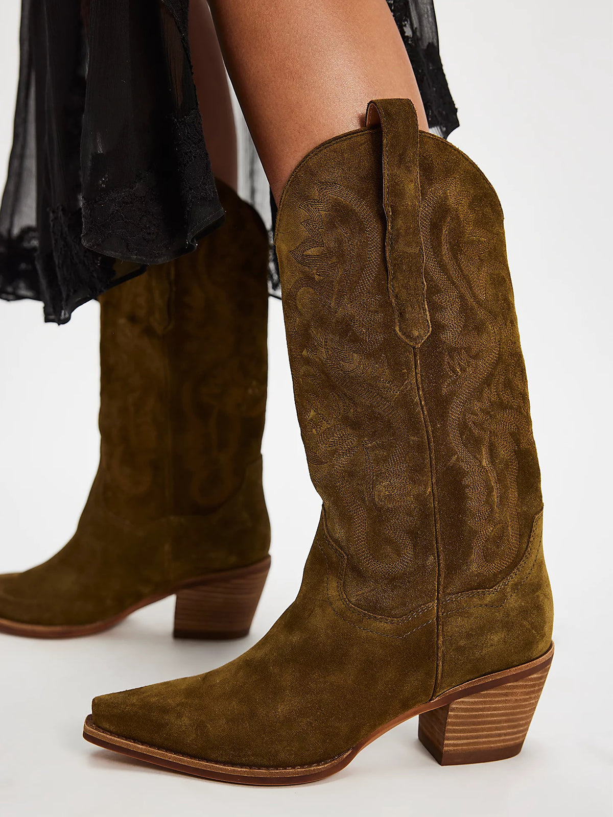 Snip-Toe Chic Western Embroidery Sleek Mid Calf Cowgirl Boots - Khaki Faux Suede