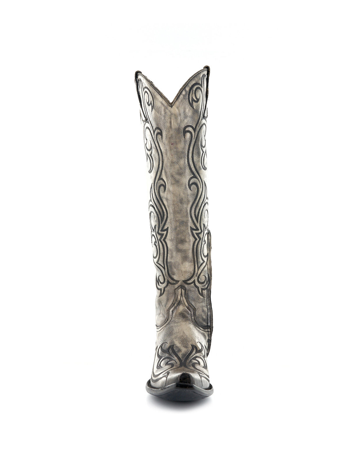 Distressed Bone Snip-Toe Delicate Embroidery Half-Zip Knee High Cowgirl Boots