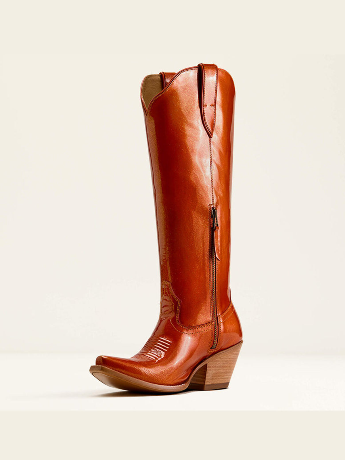Patent Burnt Orange Snip-Toe Simple Sleek Half-Zip Knee High Cowgirl Boots