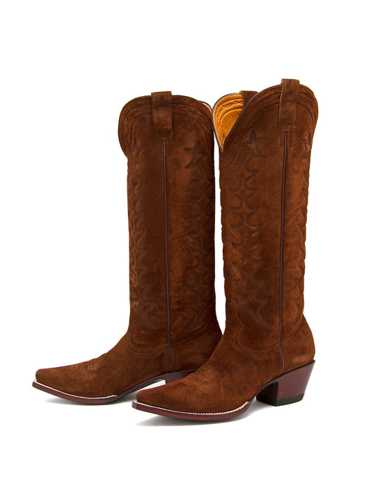 Brown Faux Suede Padded Embroidery Pointed-Toe Wide Calf Knee High Cowgirl Boots