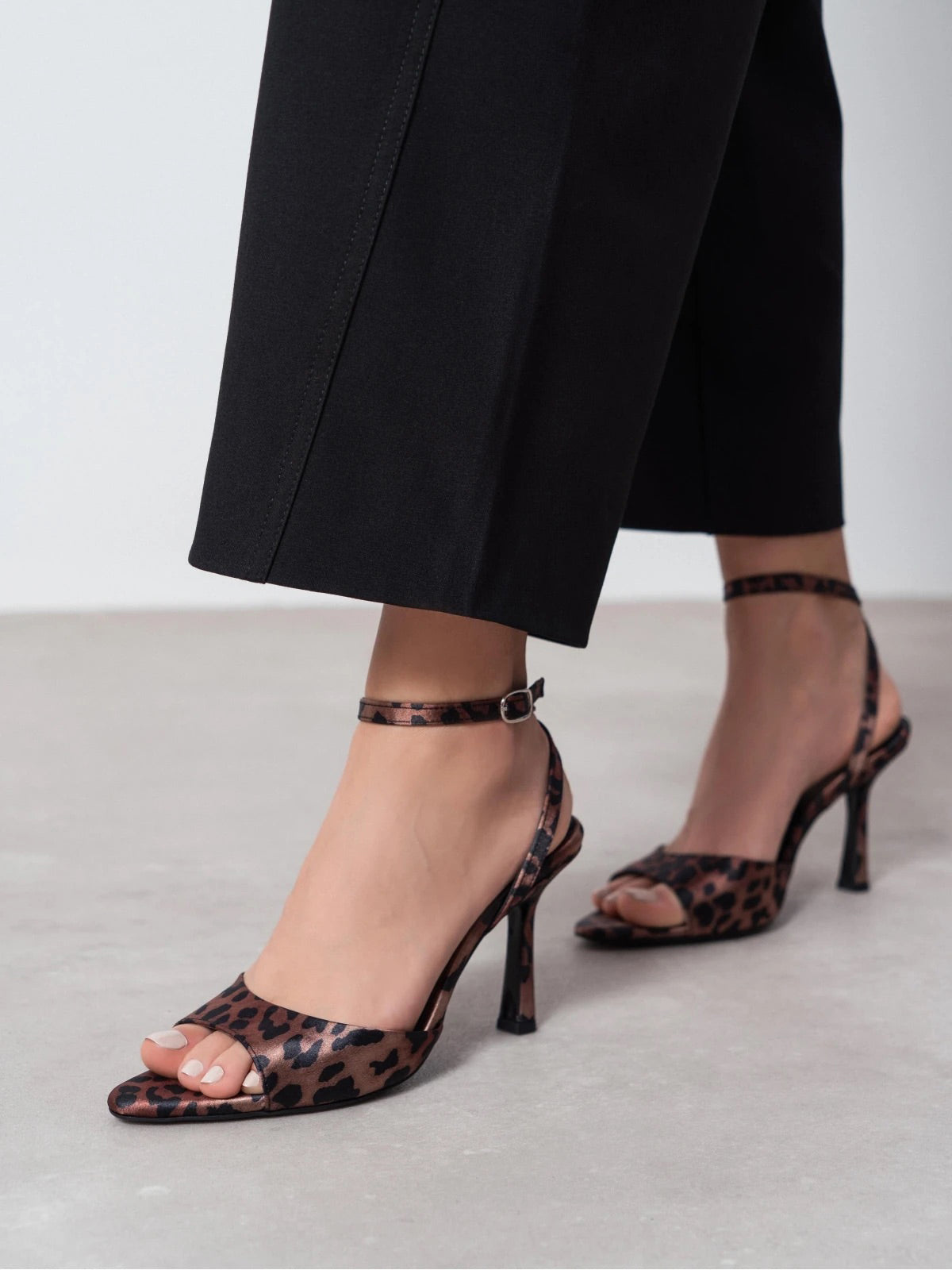 Leopard Print Satin Peep Pointed-Toe Chic Slingback And Ankle Strap High Heels
