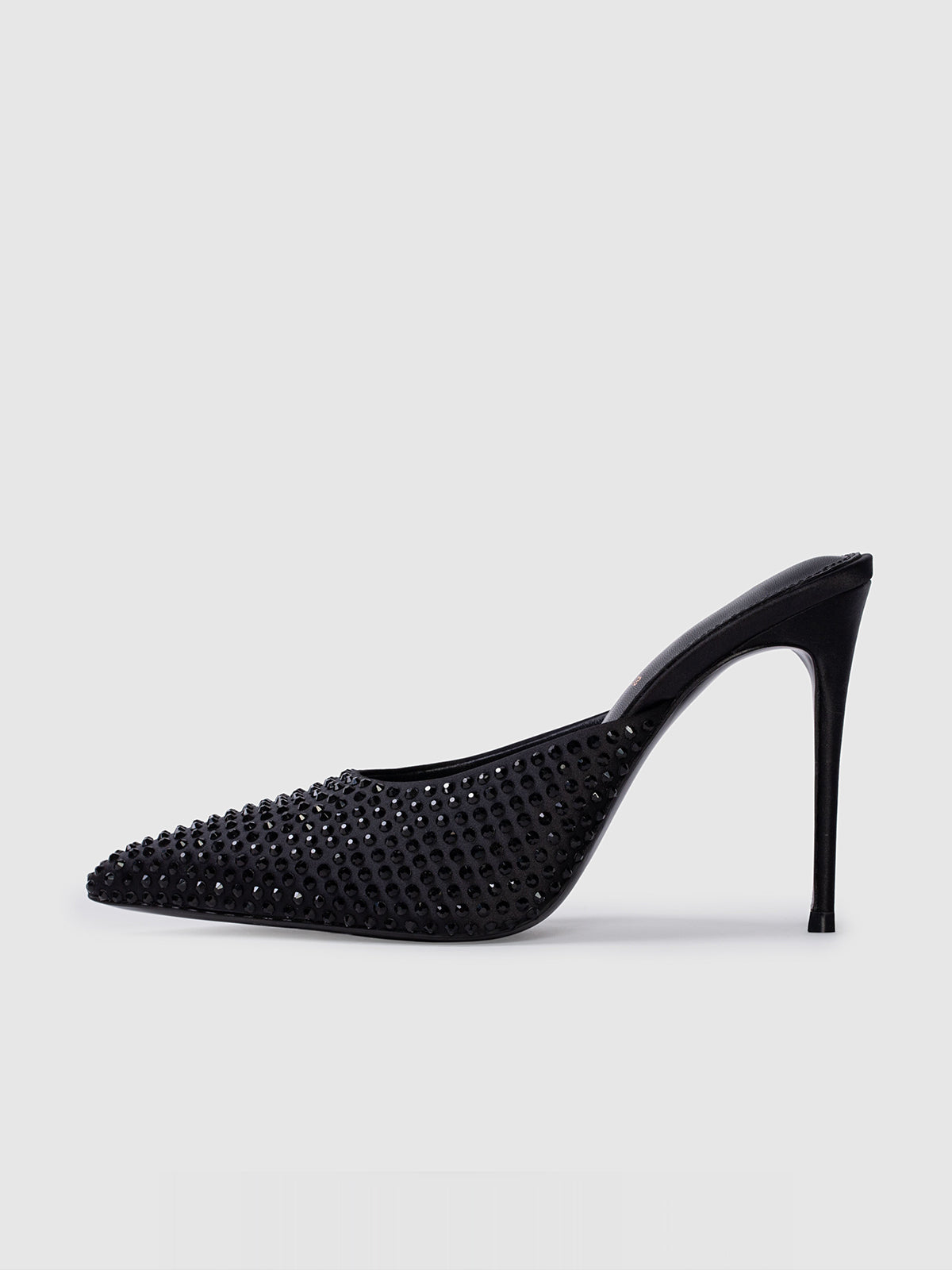 Black Satin Pointed-Toe High Heels With Crystal Embellished Detail