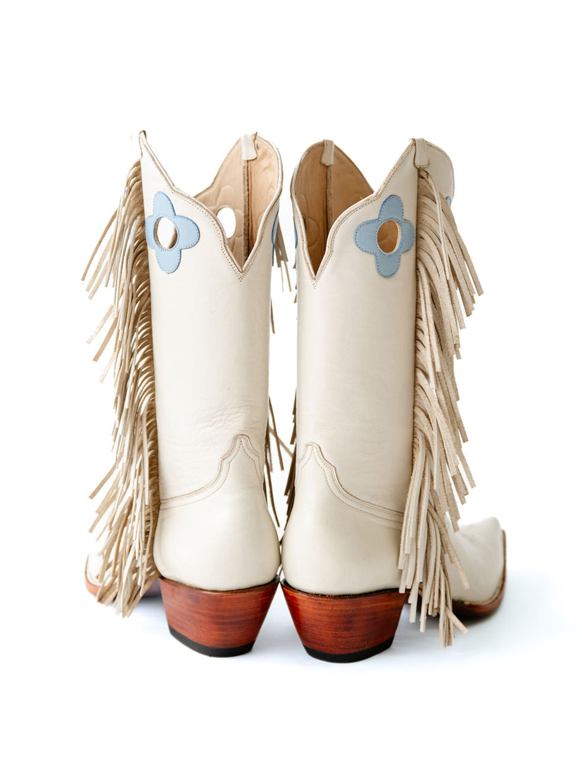 Bone Pointed-Toe Side Fringes And Cutout Mid Calf Cowgirl Boots