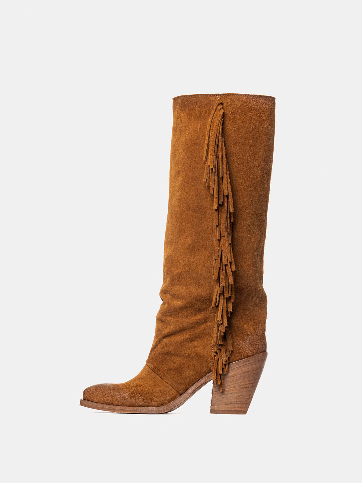 Brown Faux Suede Snip-Toe Side Fringe Wide Calf Knee High Cowgirl Boots