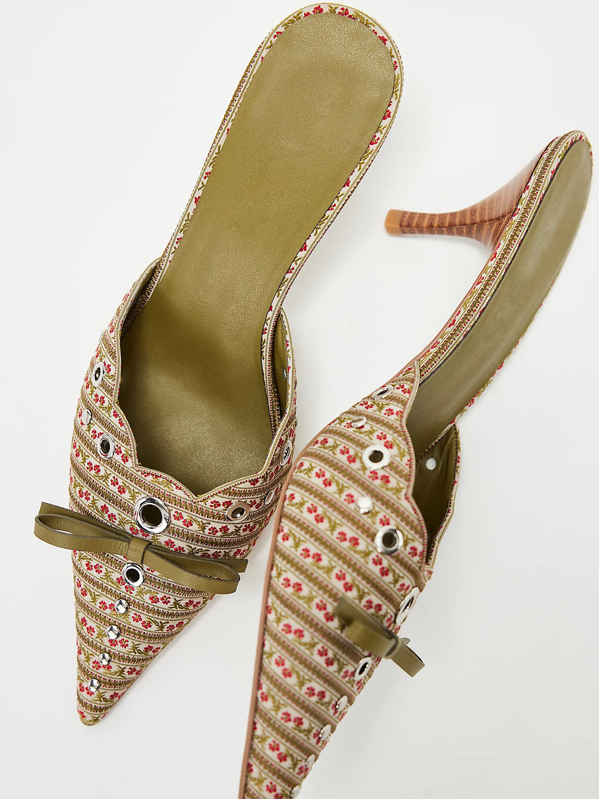 Multi Floral Satin Pointed-Toe Front Knot And Studs And Eyelets Kitten Heels