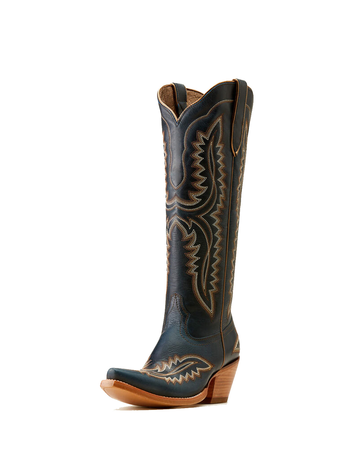 Western Embroidery Tall Snip-Toe Half-Zip Knee High Cowgirl Boots - Dark Navy