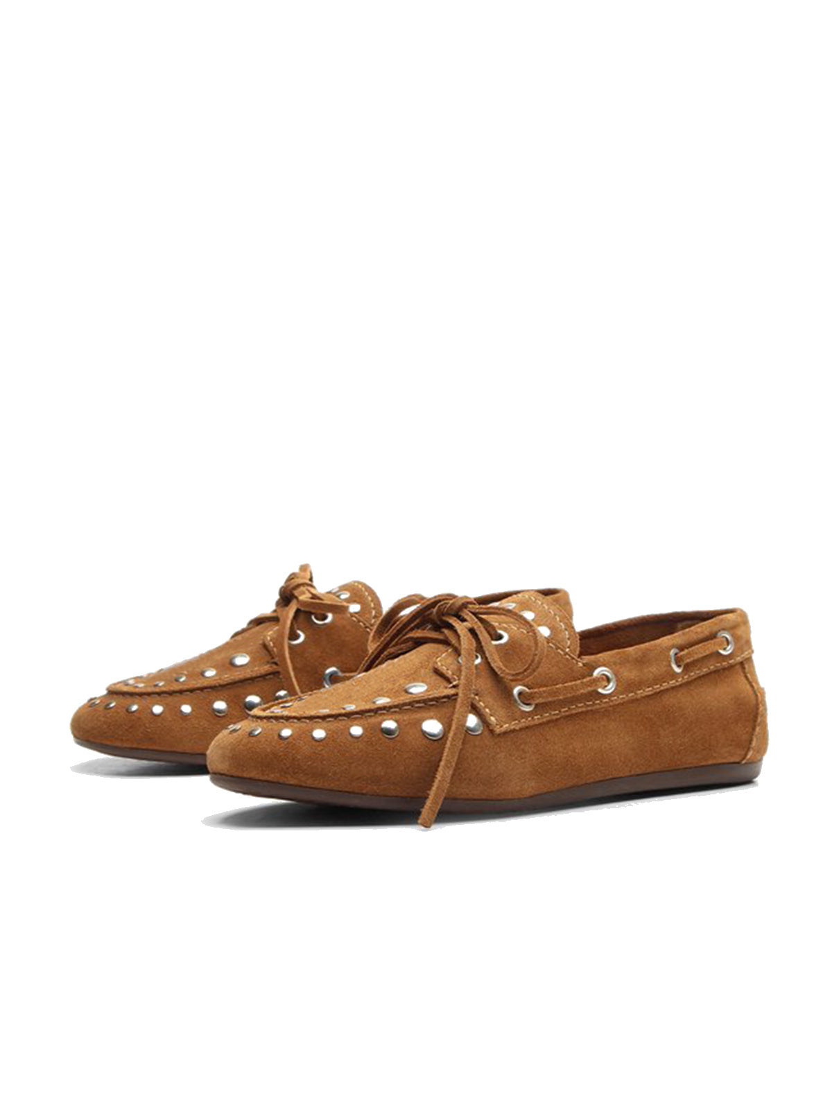 Caramel Faux Suede Round-Toe Studs And Bow Classic Boat Shoes Flats