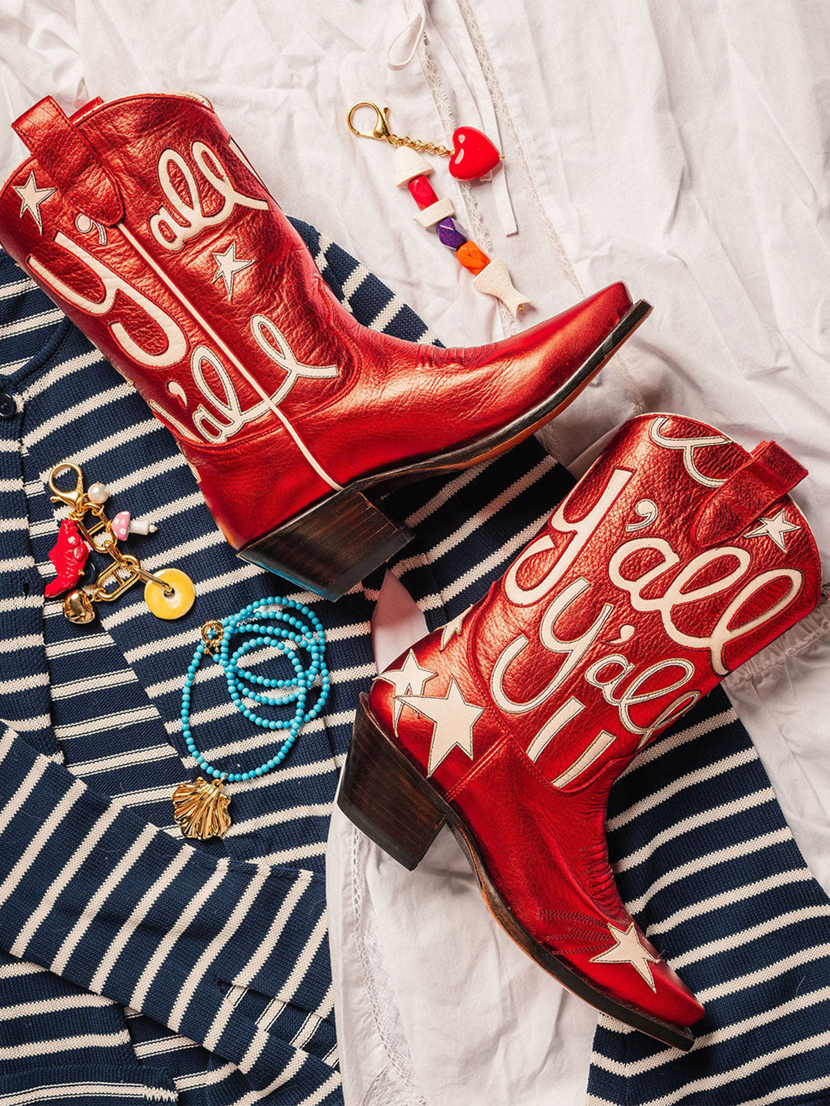 Metallic Red Snip-Toe Star And Letters Inlay Applique Mid Calf Cowgirl Boots