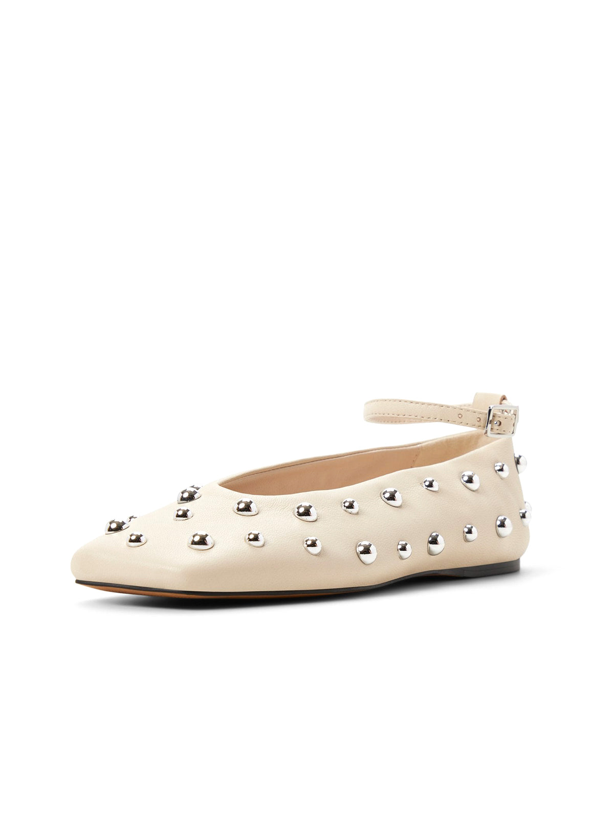 Ivory Square-Toe Full Studs Ankle Strap Ballet Flats