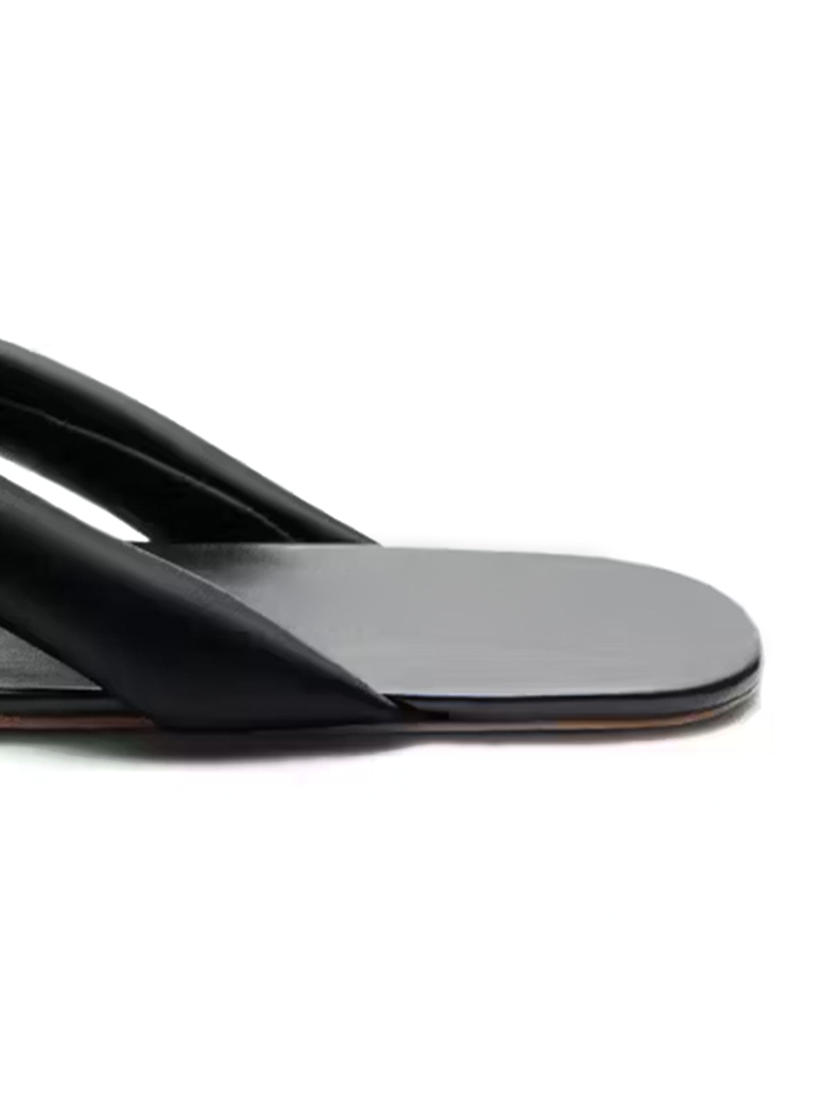 Black Satin And Vegan Leather Square-Toe Flip-Flops Flats