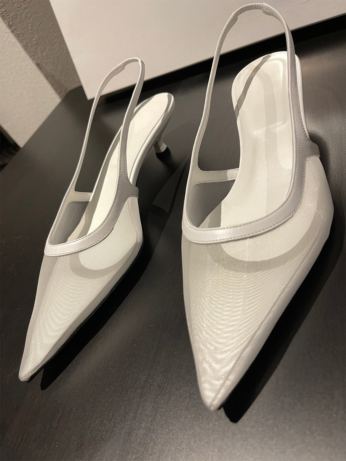 White Mesh Pointed-Toe Chic Back Strap Pumps Kitten Heels
