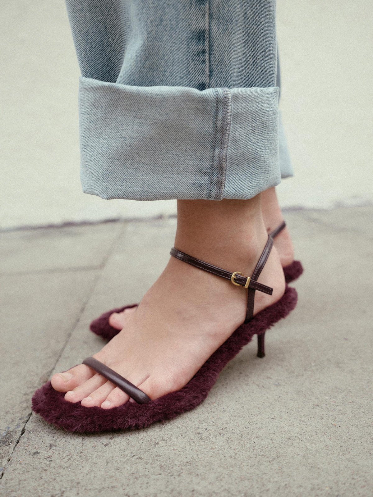 Burgundy Plush Round-Toe Front And Ankle Strap Kitten Heels