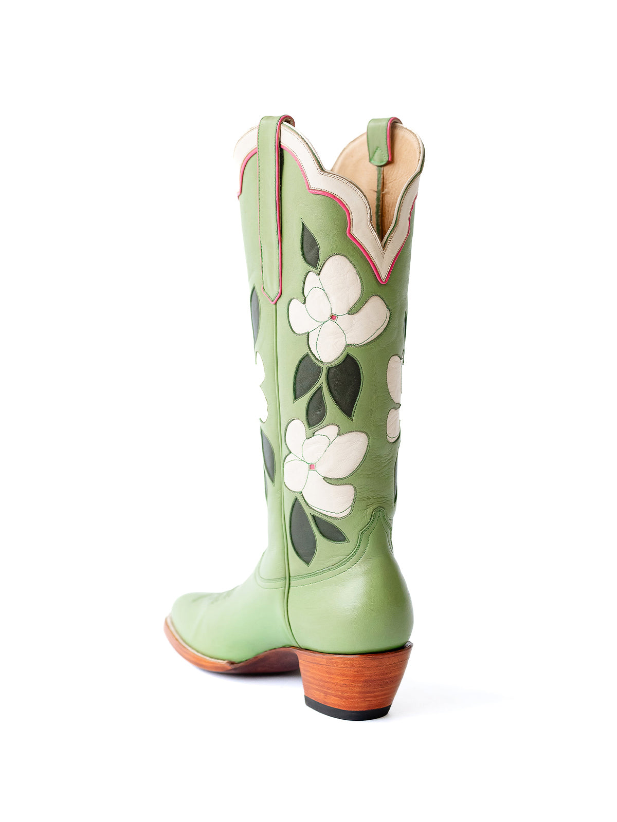 Green Almond-Toe White Flower Inlay Wide Calf Knee High Cowgirl Boots