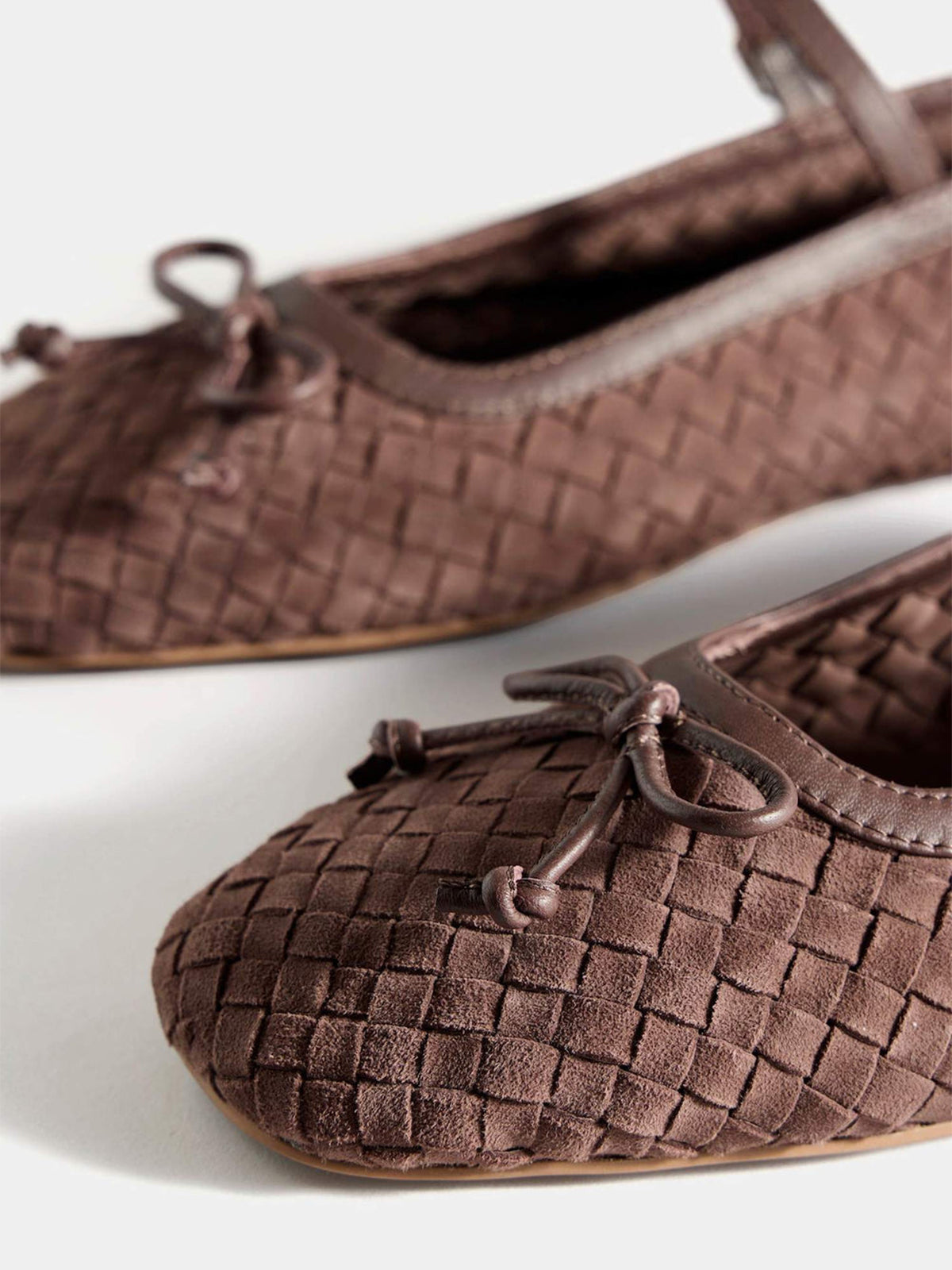 Brown Woven Faux Suede Square-Toe Front Bow And Mary Jane Flats