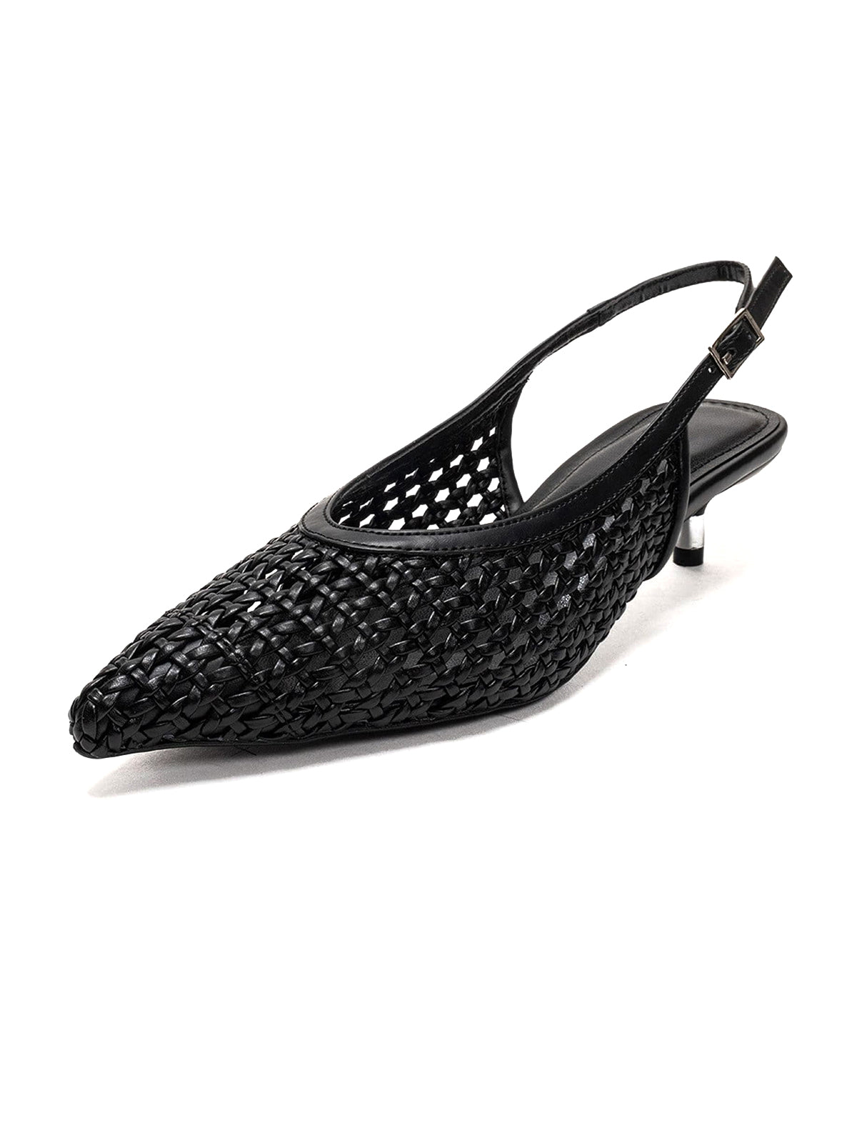 Black Woven Vegan Leather Pointed-Toe Classic Back Strap Pumps Kitten Heels