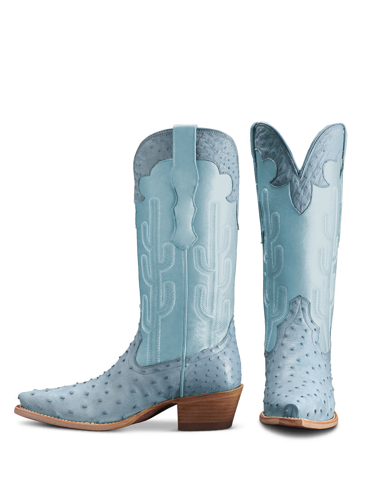 Contrast Blue And Ostrich Print Snip-Toe Cactus Embroidery Mid Calf Cowgirl Boots