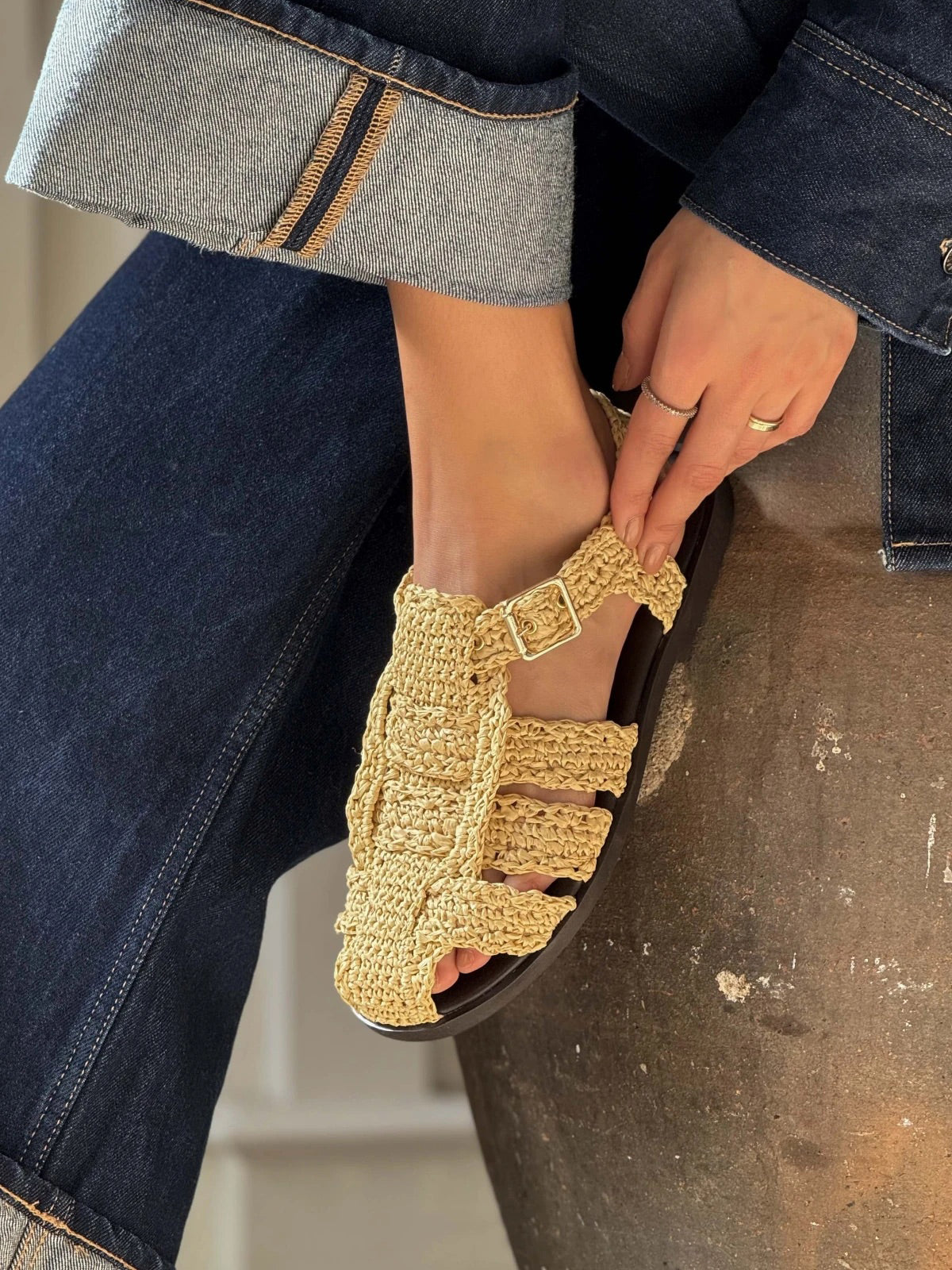 Beige Grass Woven Round-Toe Caged Detail Buckle Strap Flats