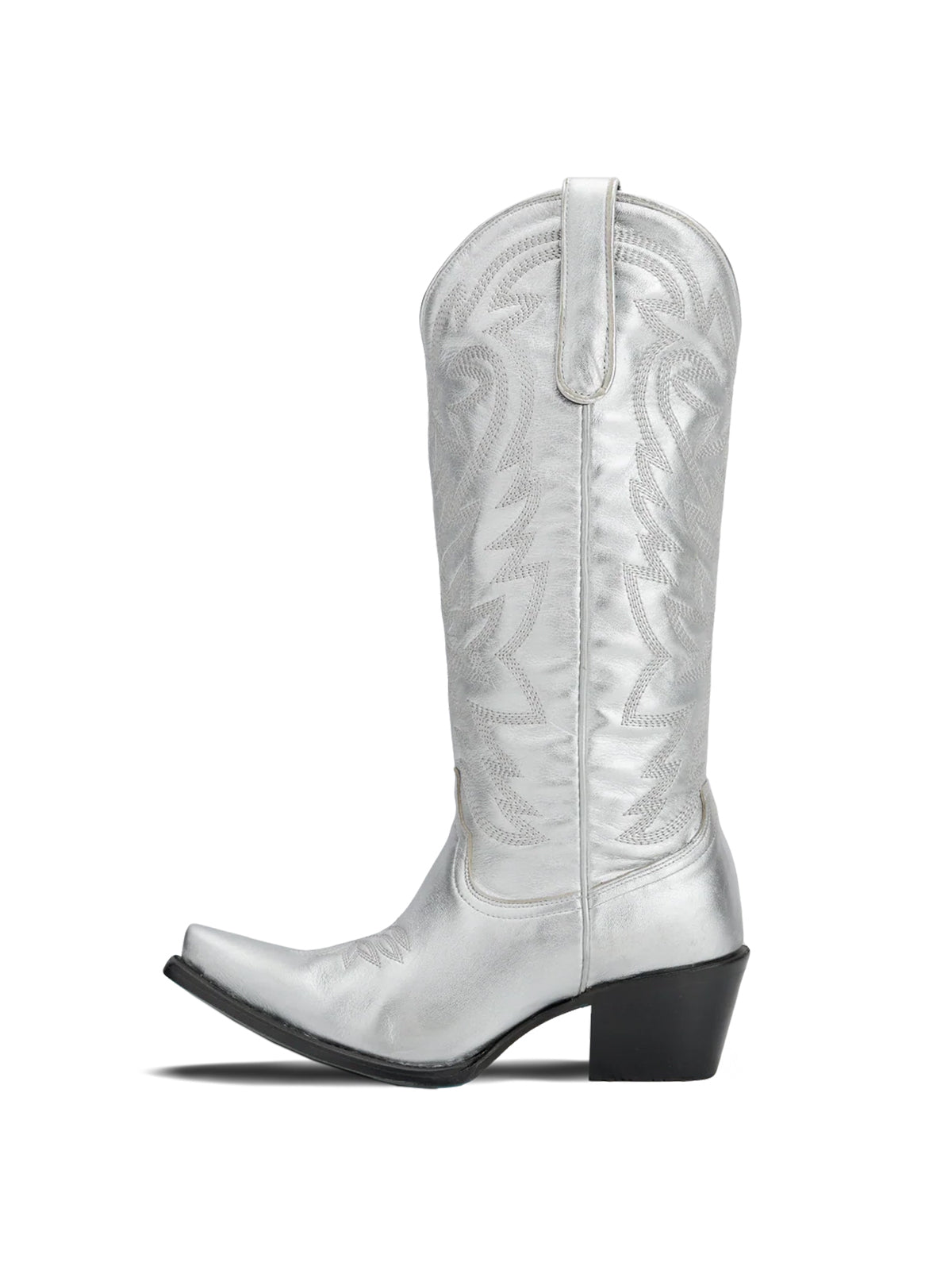 Western Snip-Toe Embroidery Classic Knee High Half-Zip Cowgirl Boots - Metallic Silver