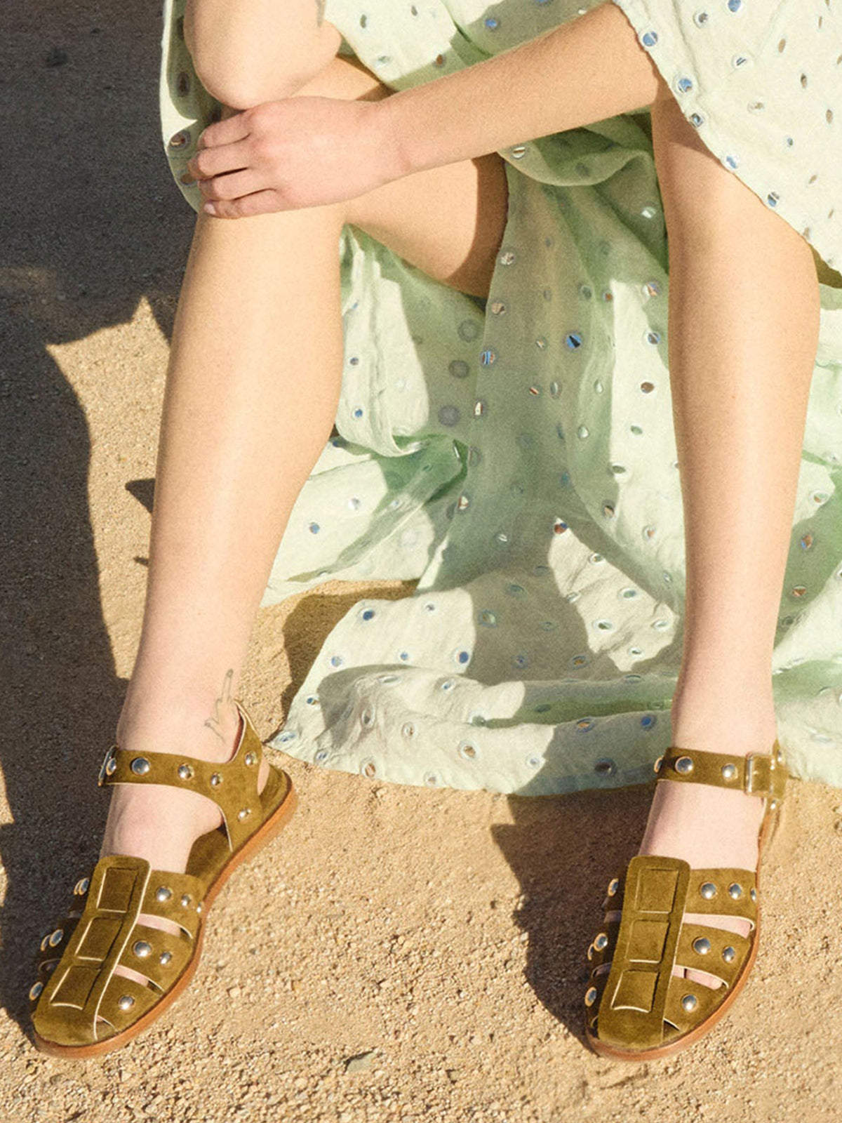 Olive Green Faux Suede Round-Toe Fisherman Studs Sandals Flats