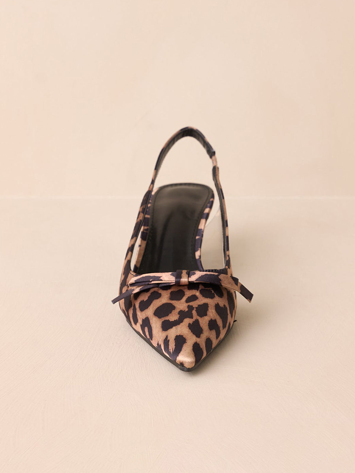 Leopard Satin Pointed-Toe Front Bow Slingback Kitten Heels With Transparent Film TPU